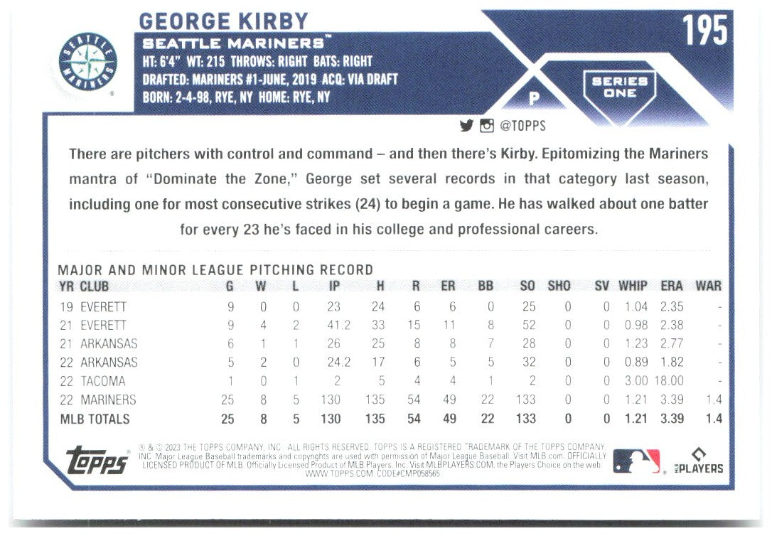 George Kirby Topps 195 2023 Seattle Mariners