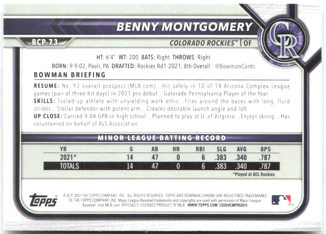 Benny Montgomery Bowman - Chrome Prospects Mojo Refractors BCP-73 2022  Rockies