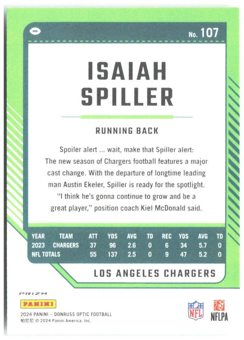 Isaiah Spiller Donruss Optic - Holo 107 2024 Los Angeles Chargers