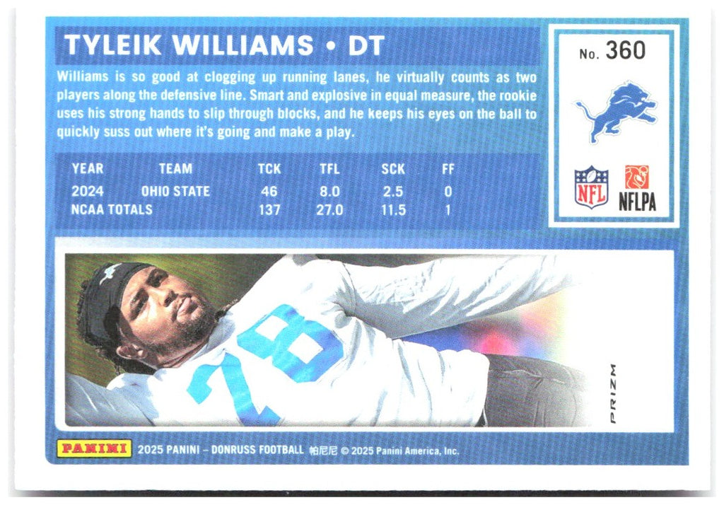 Tyleik Williams Donruss Optic Rated Rookies Preview Pink 360 2025 Detroit Lions