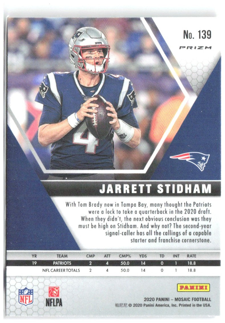 Jarrett Stidham Panini Mosaic - Prizm Camo Pink 139 2020 New England Patriots