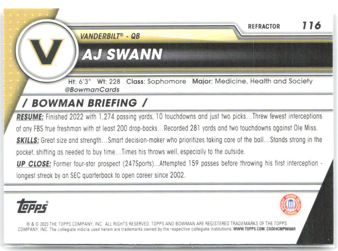 AJ Swann Bowman University Chrome - Refractor 116 2023 Vanderbilt Commodores