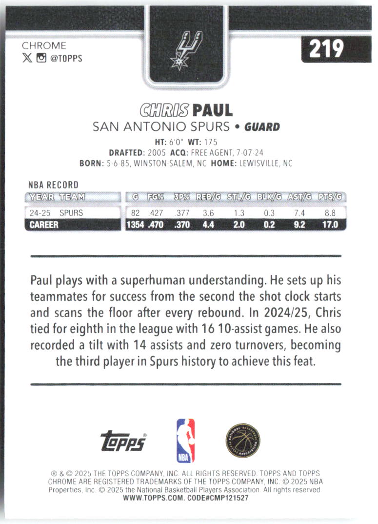 Chris Paul Topps Chrome 219 2025-26 San Antonio Spurs