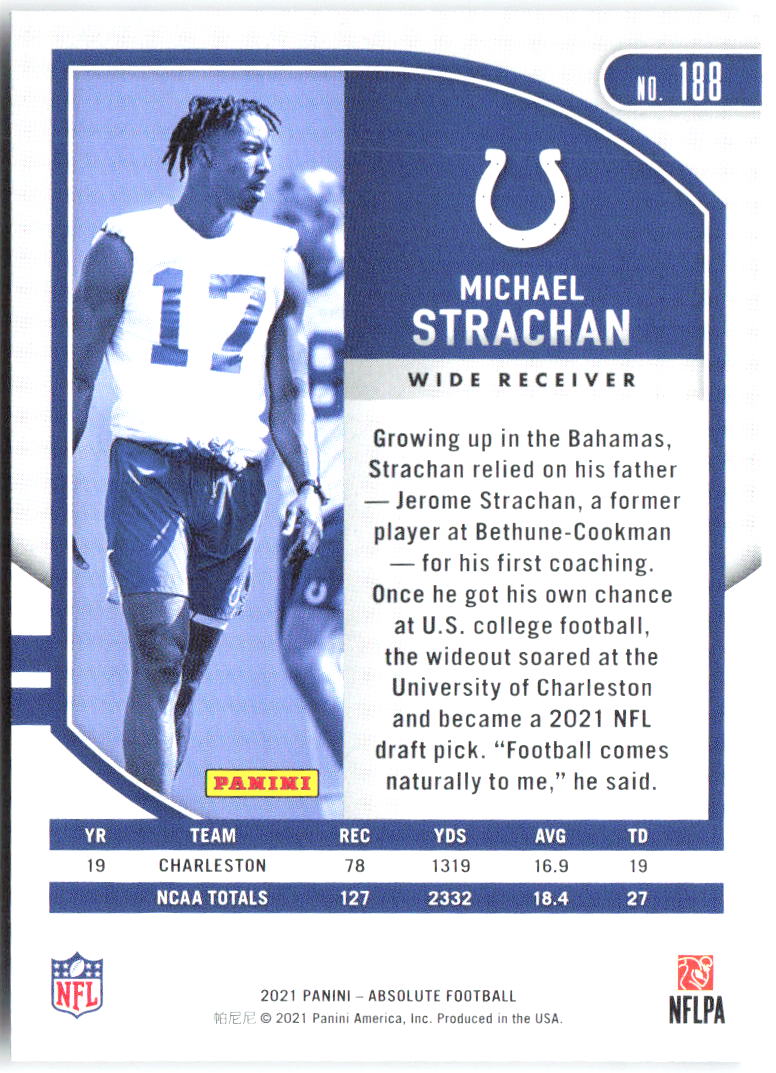 Michael Strachan Panini Absolute - Retail 188 2021 Indianapolis Colts RC