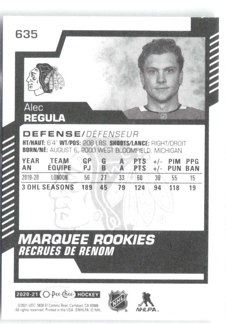 Alec Regula Upper Deck O-Pee-Chee Update 635 2020-21 Chicago Blackhawks RC
