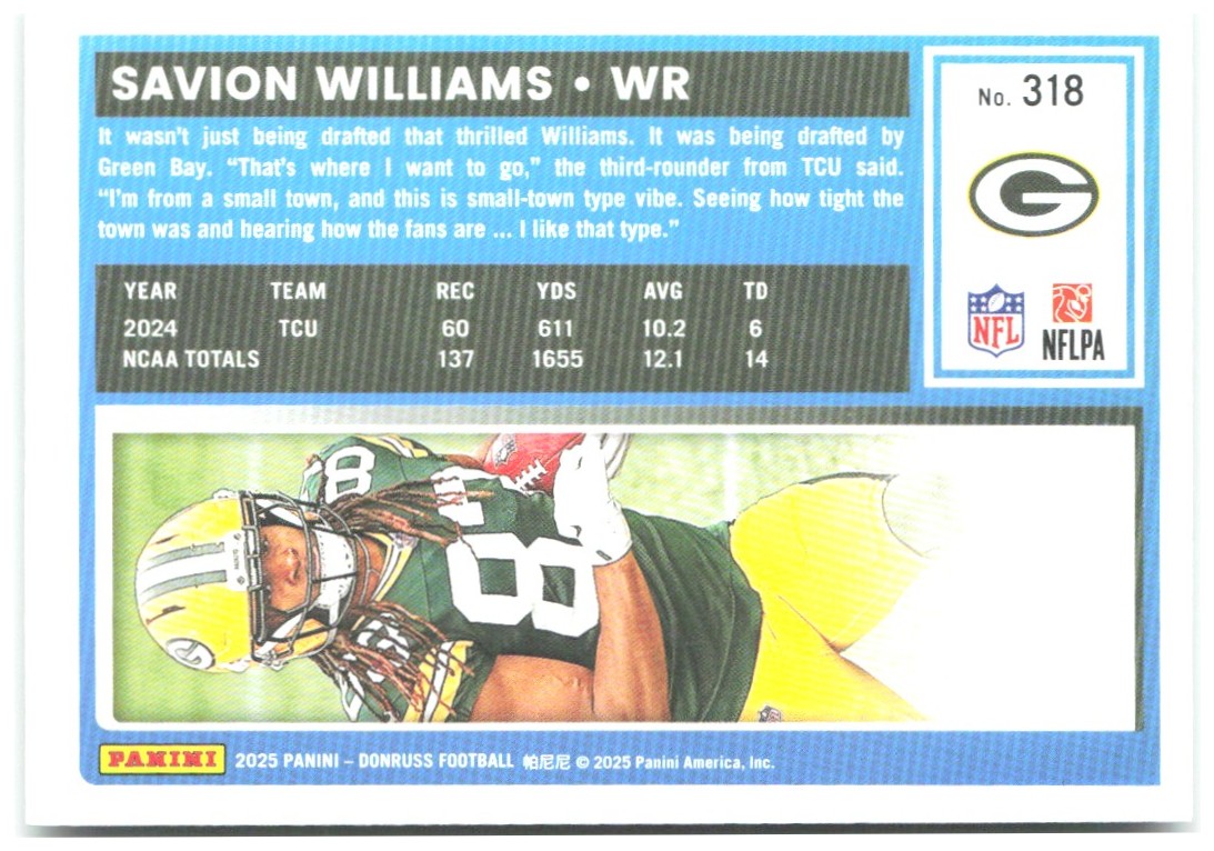 Savion Williams Donruss - Press Proofs Green 318 2025 Green Bay Packers