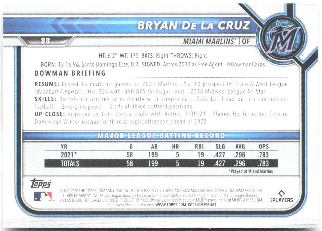 Bryan De La Cruz Bowman 88 2022 Miami Marlins RC