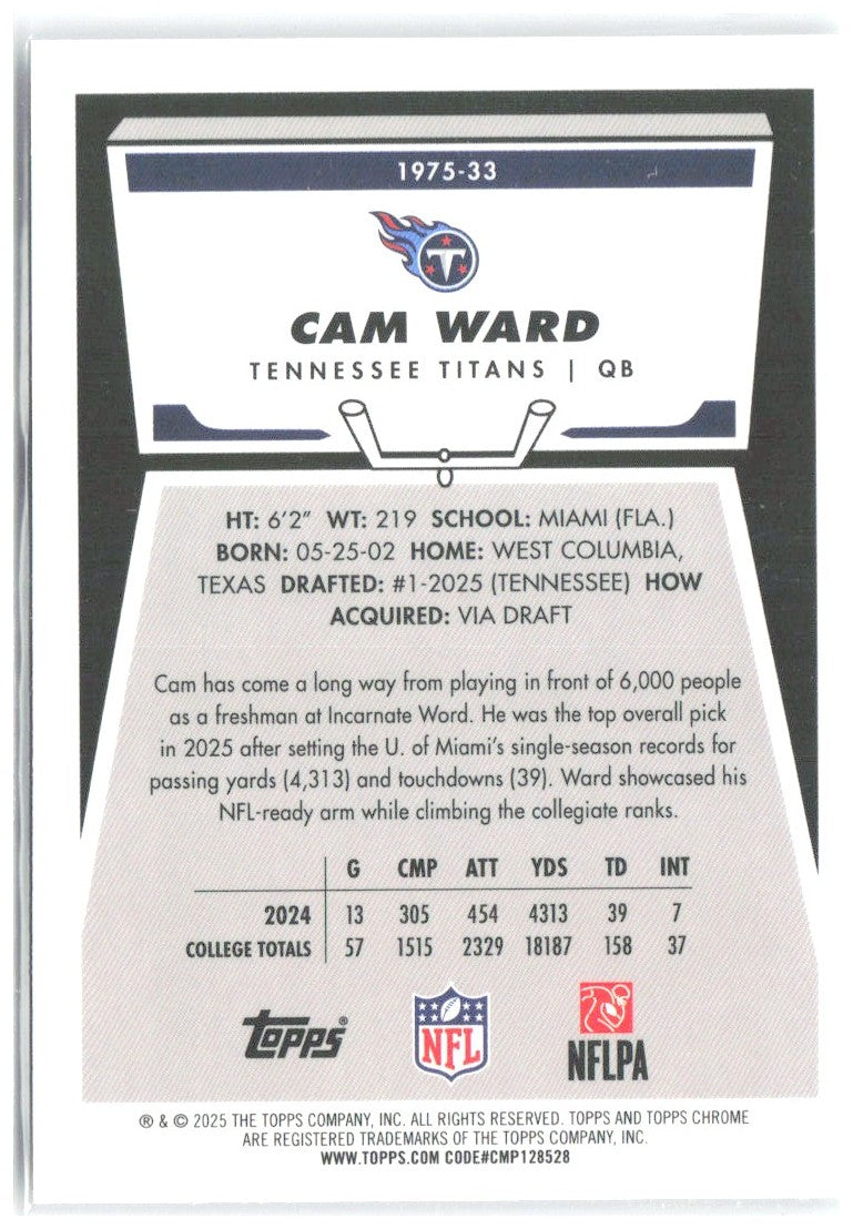 Cam Ward Topps Chrome - 1975 Topps 1975-33 2025 Tennessee Titans