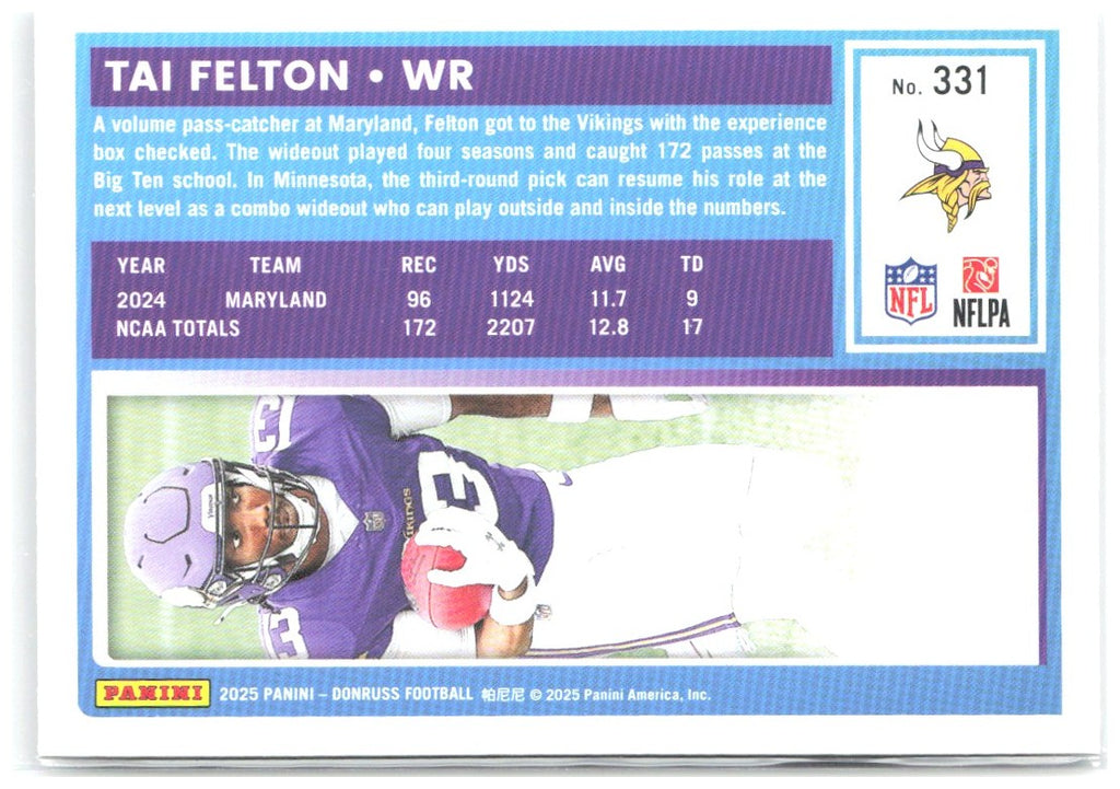 Tai Felton Donruss 331 2025 Minnesota Vikings RC
