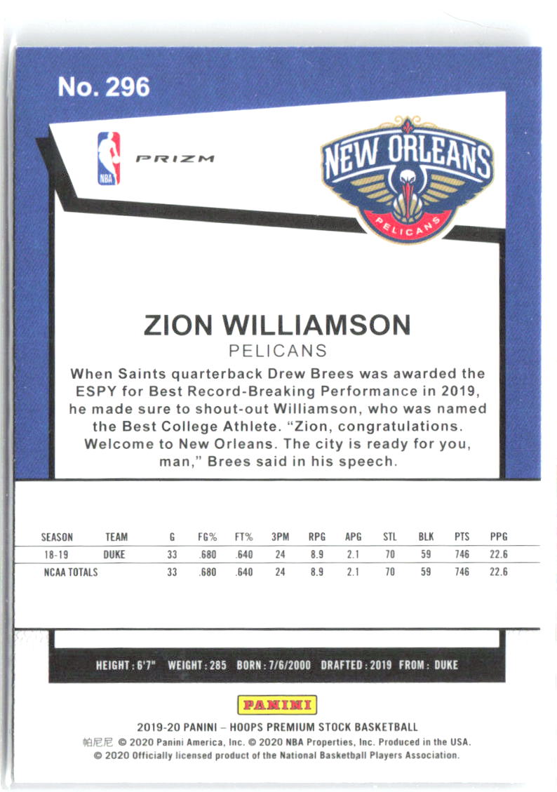 Zion Williamson Hoops Premium Stock - Prizms Silver 296 2019-20 Pelicans