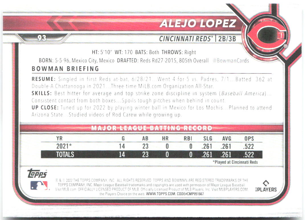 Alejo Lopez Bowman 93 2022 Cincinnati Reds RC