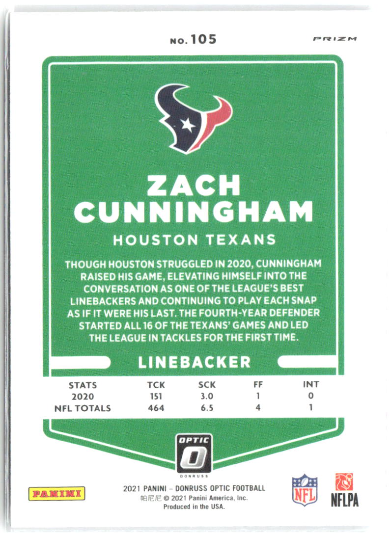 Zach Cunningham Donruss Optic - Holo 105 2021 Houston Texans
