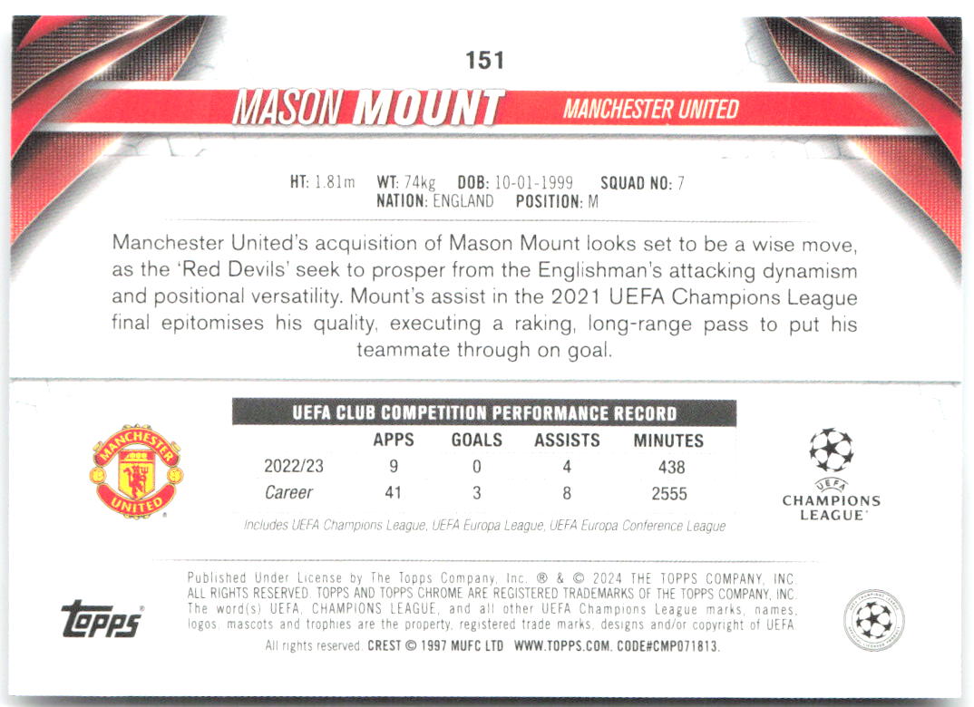 Mason Mount Topps Chrome UEFA Club Competitions 151 2023-24 Manchester United
