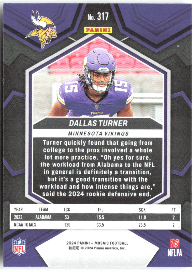 Dallas Turner Panini Mosaic 317 2024 Minnesota Vikings RC