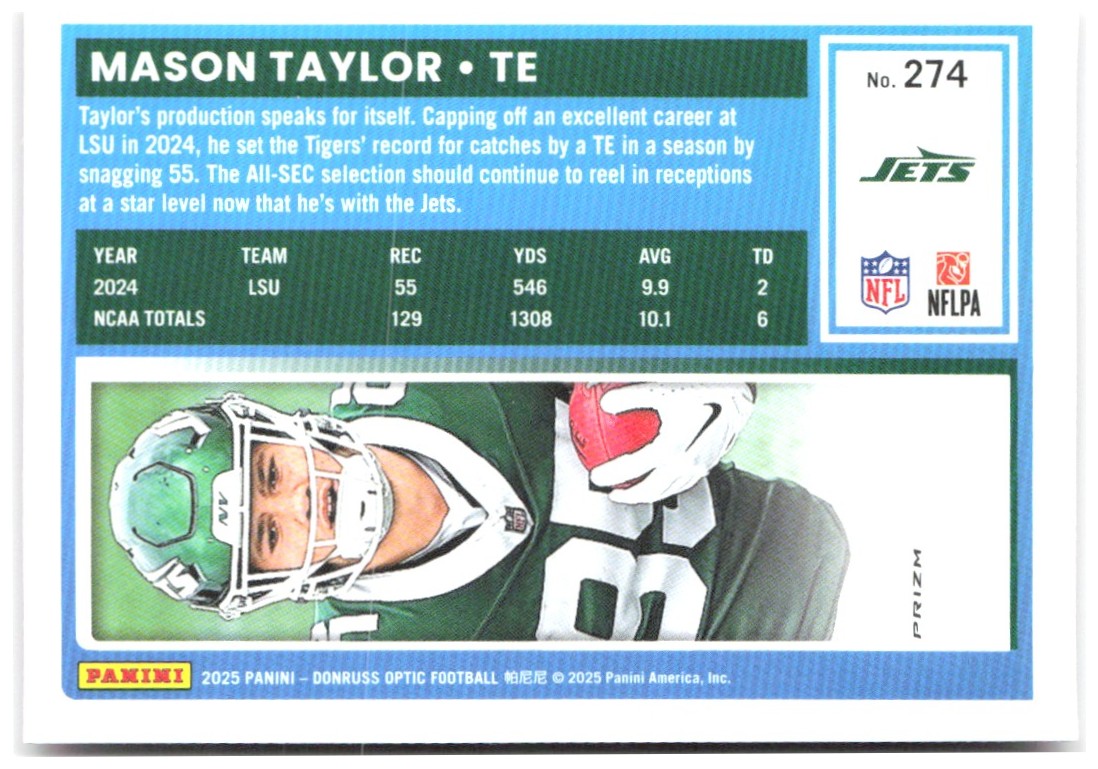 Mason Taylor Donruss Optic - Pink 274 2025 New York Jets
