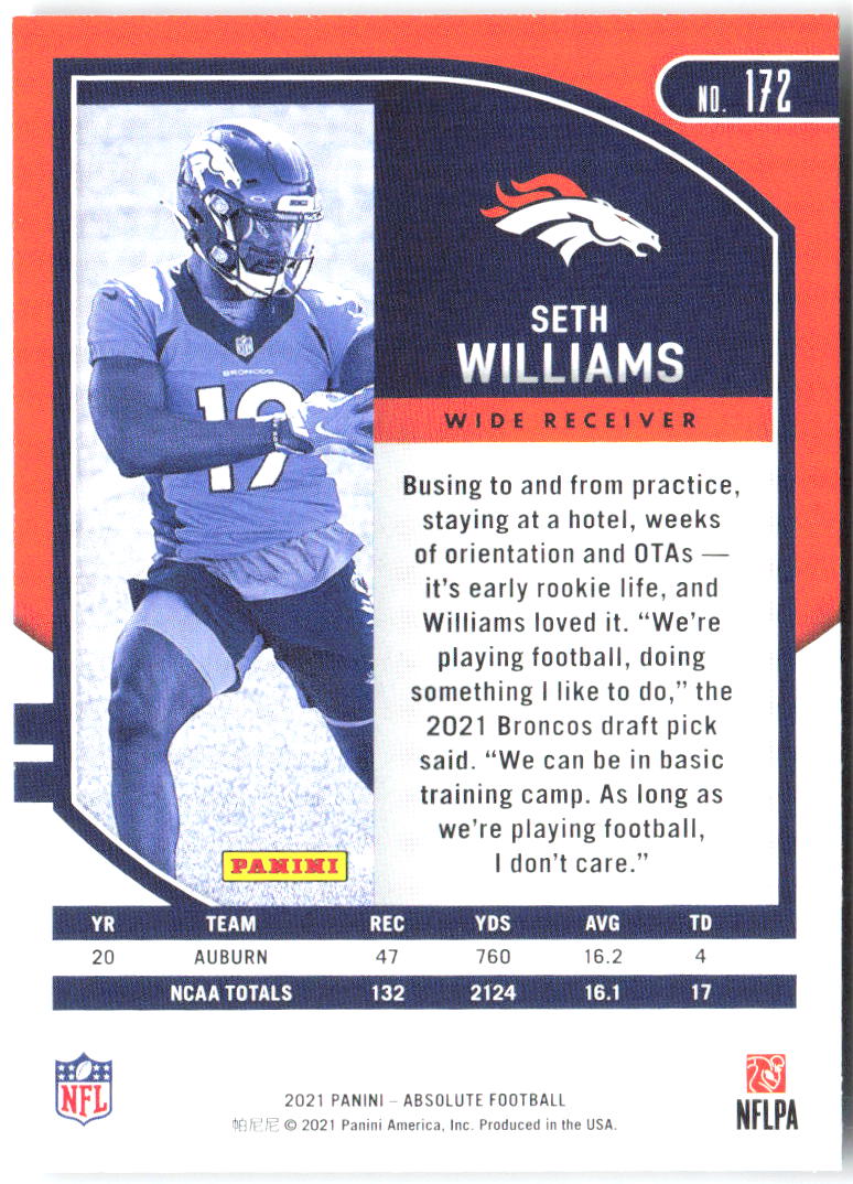 Seth Williams Panini Absolute - Retail 172 2021 Denver Broncos RC