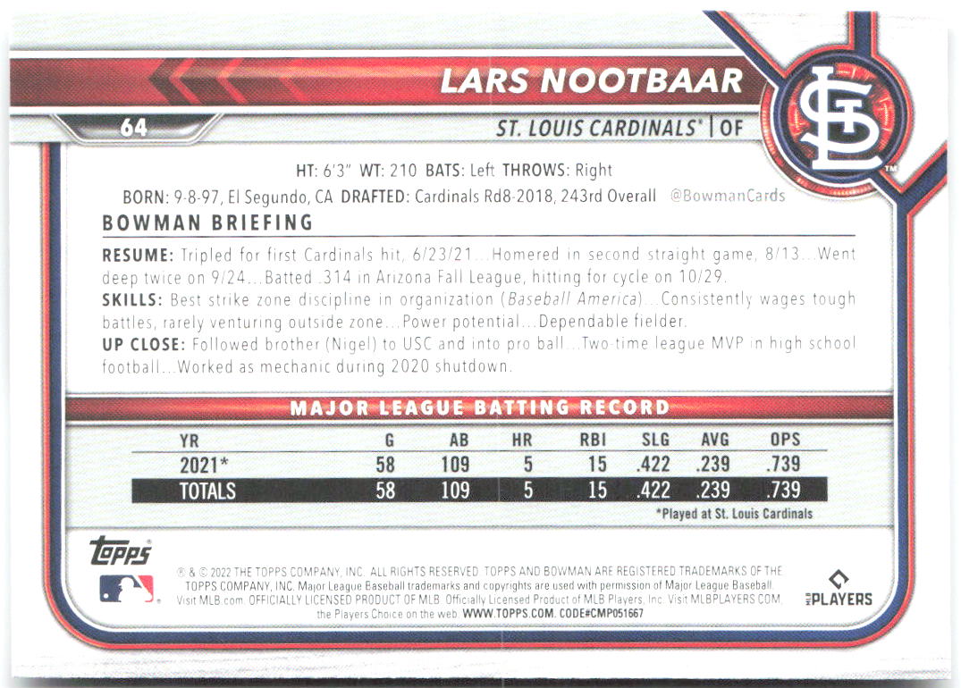 Lars Nootbaar Bowman 64 2022 St. Louis Cardinals RC