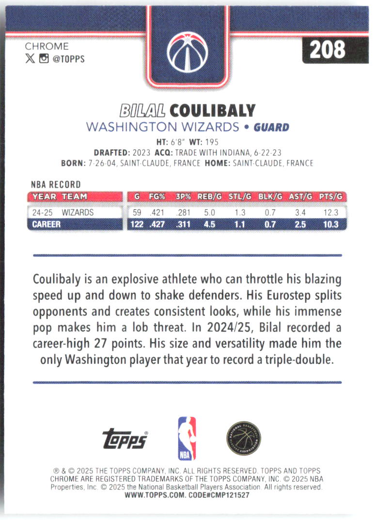 Bilal Coulibaly Topps Chrome 208 2025-26 Washington Wizards