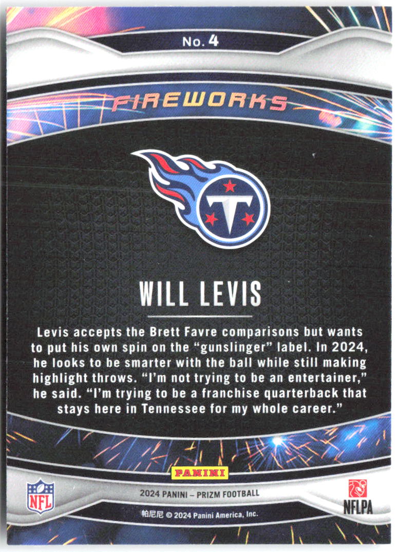 Will Levis Panini Prizm - Fireworks 4 2024 Tennessee Titans