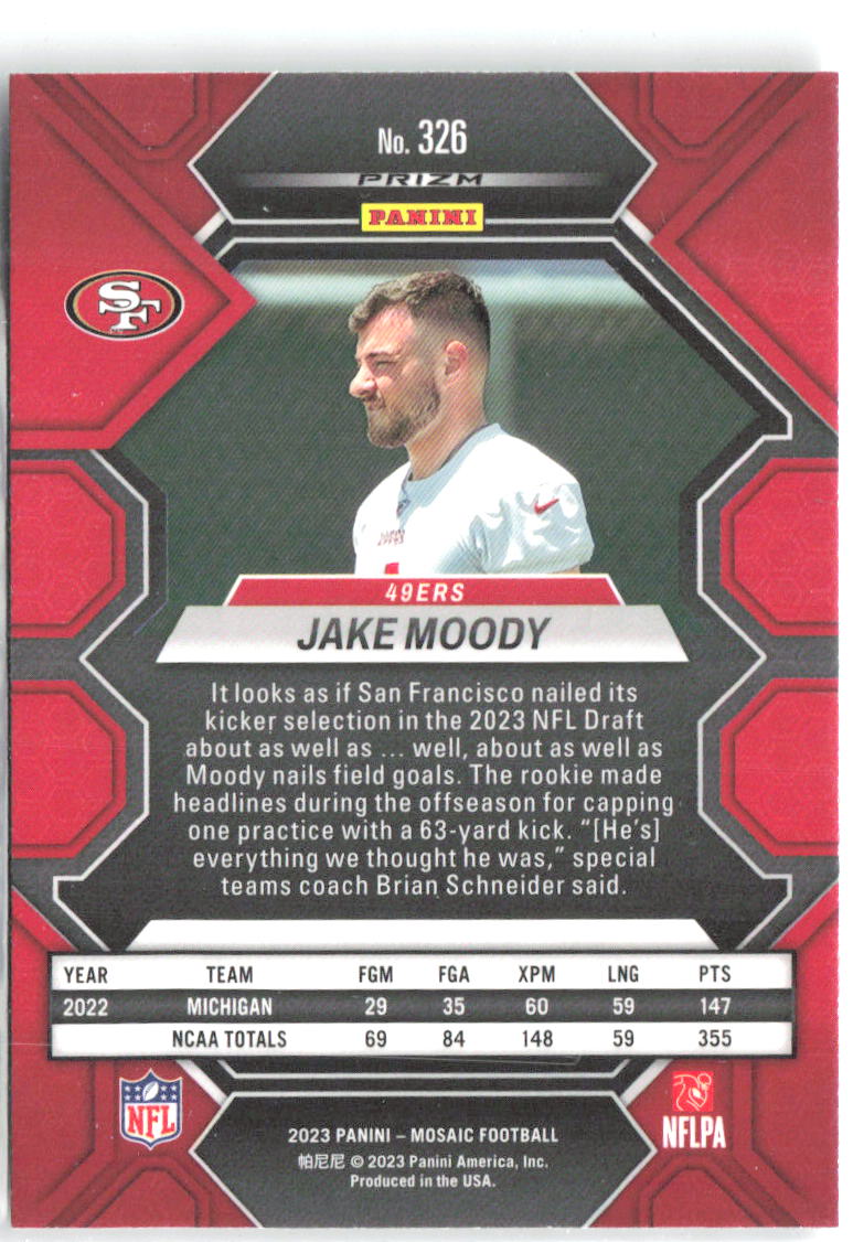 Jake Moody Panini Mosaic - Mosaic 326 2023 San Francisco 49ers