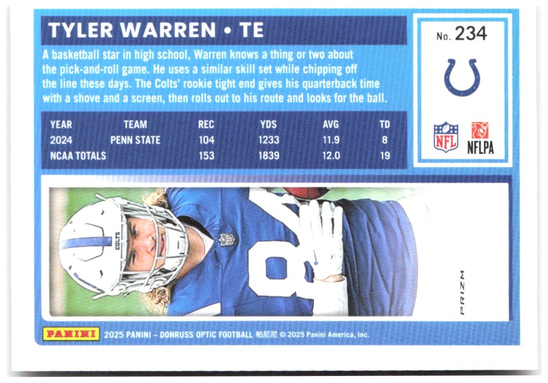 Tyler Warren Donruss Optic - Pink 234 2025 Indianapolis Colts