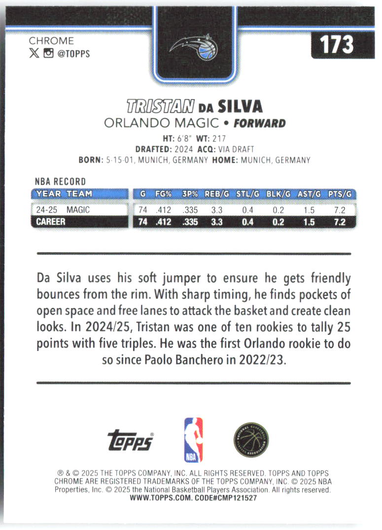 Tristan da Silva Topps Chrome 173 2025-26 Orlando Magic