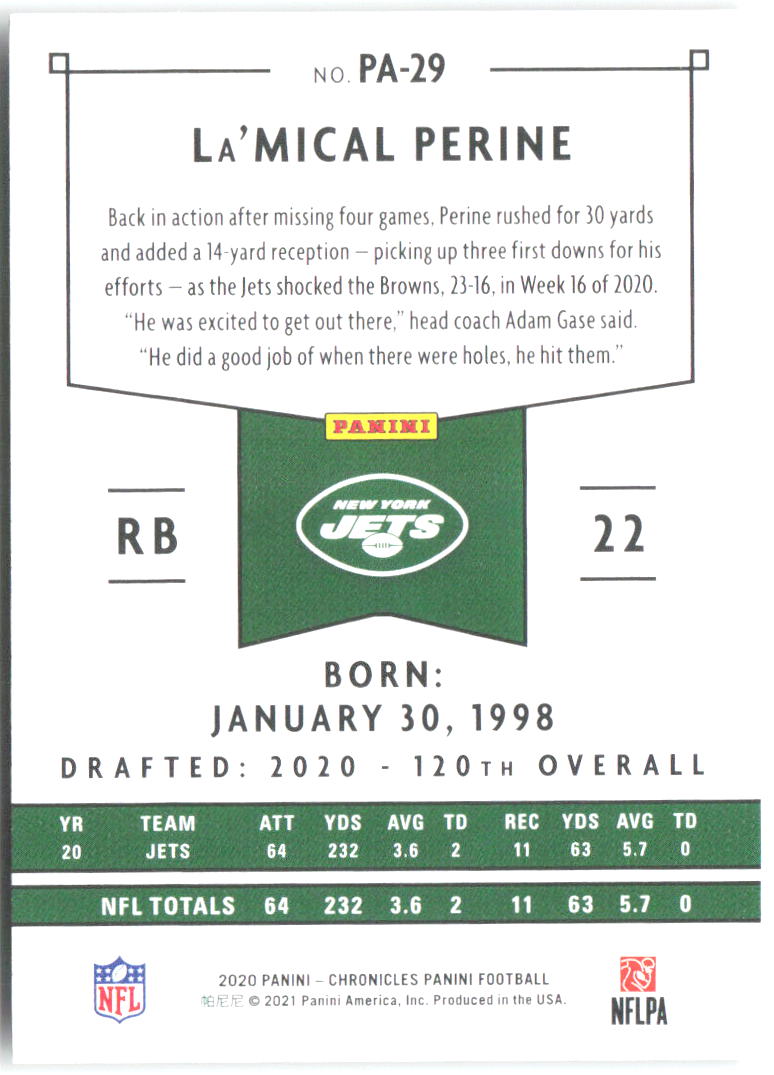 La'Mical Perine Panini Chronicles - Panini PA-29 2020 New York Jets