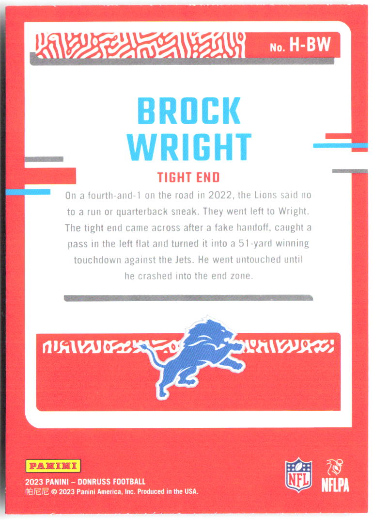 Brock Wright Donruss - Highlights Holo H-BW 2023 Detroit Lions /100