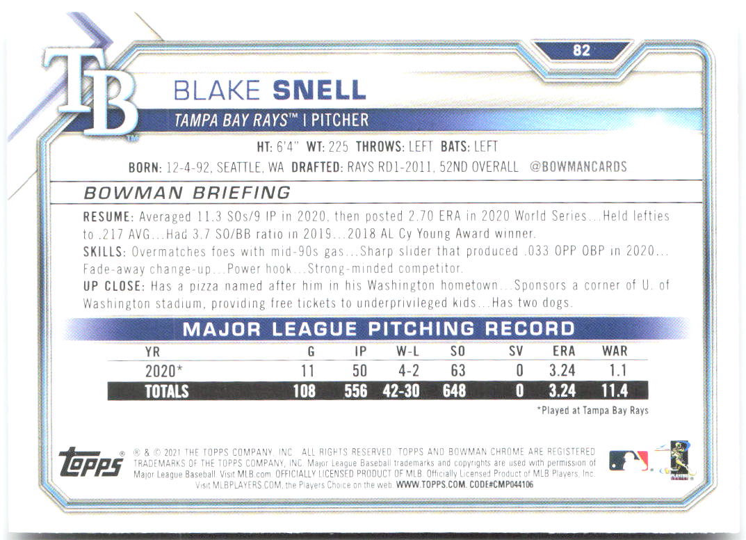 Blake Snell Bowman 82 2021 Tampa Bay Rays