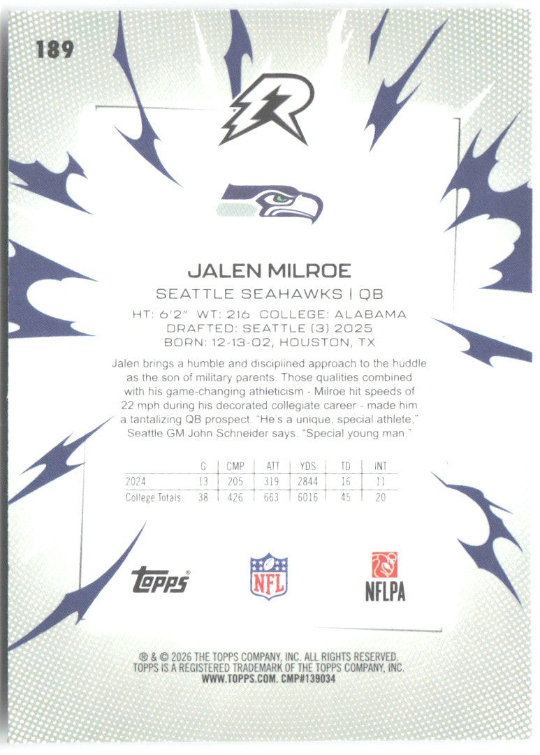 Jalen Milroe Topps Resurgence 189 2025 Seattle Seahawks RC