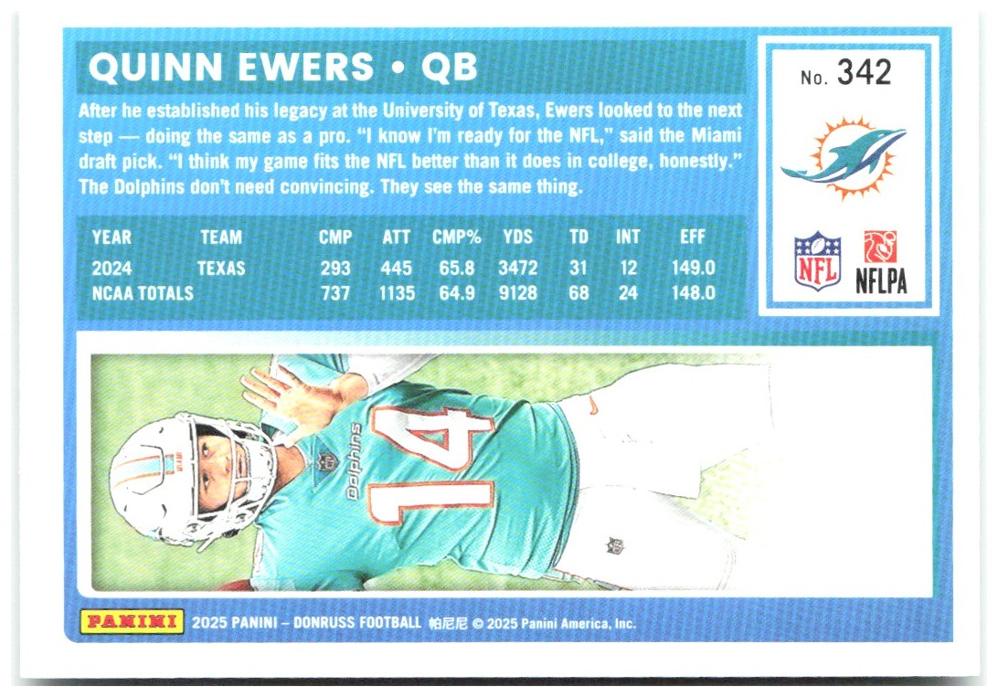 Quinn Ewers Donruss - Press Proofs Green 342 2025 Miami Dolphins