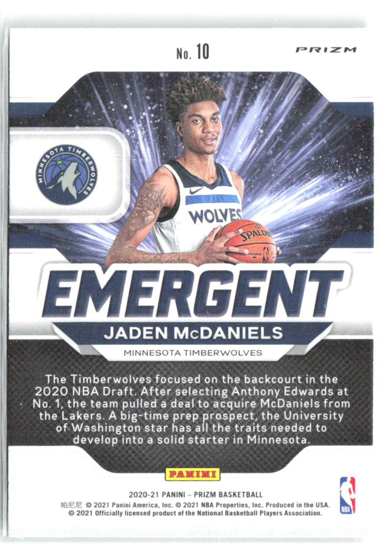 Jaden McDaniels Panini Prizm - Emergent Prizms Green 10 2020-21 Timberwolves