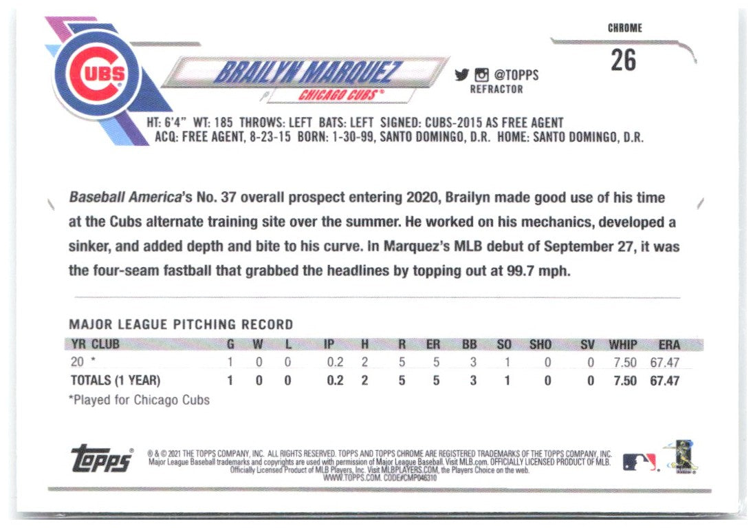 Brailyn Marquez Topps Chrome - Refractor 26 2021 Chicago Cubs