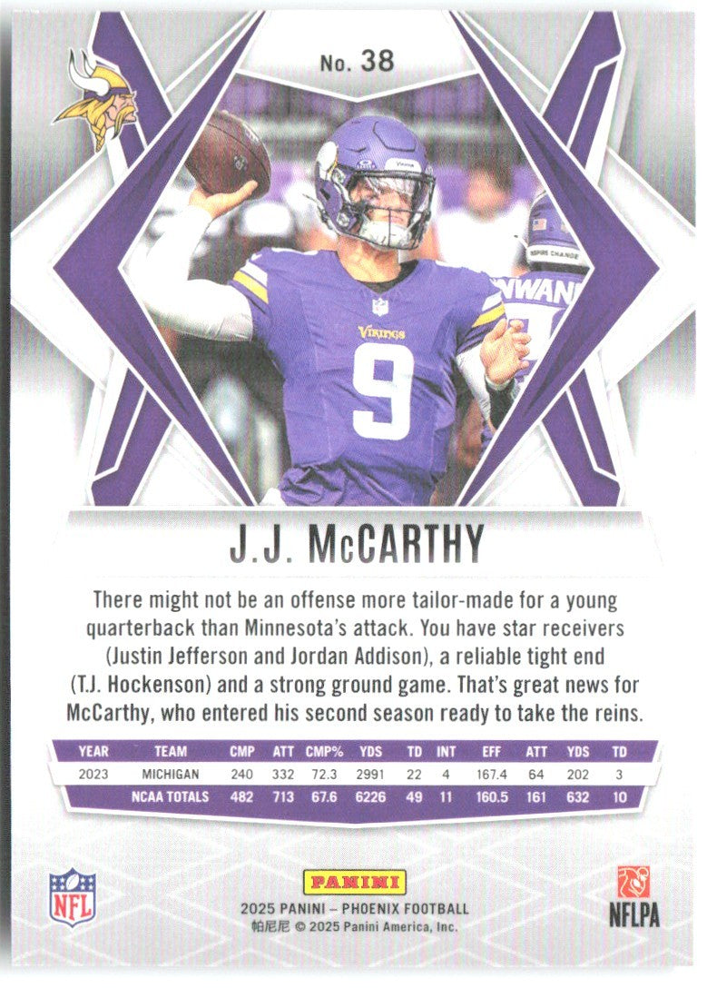 J.J. McCarthy Panini Phoenix - Silver Hyper Prizm 38 2025 Minnesota Vikings