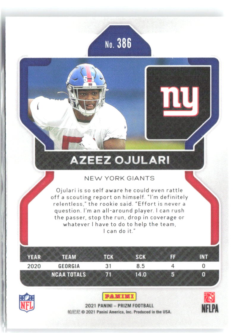 Azeez Ojulari Panini Prizm 386 2021 New York Giants RC