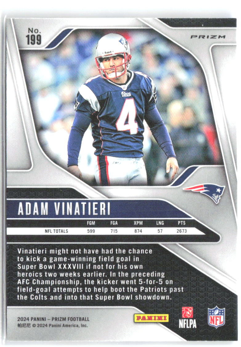 Adam Vinatieri Panini Prizm - Red White and Blue 199 2024 New England Patriots