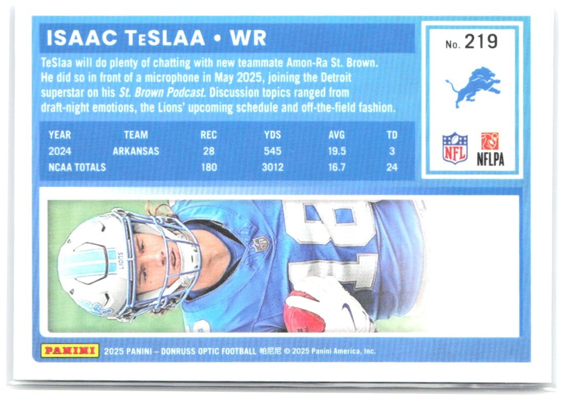 Isaac TeSlaa Donruss Optic 219 2025 Detroit Lions RC