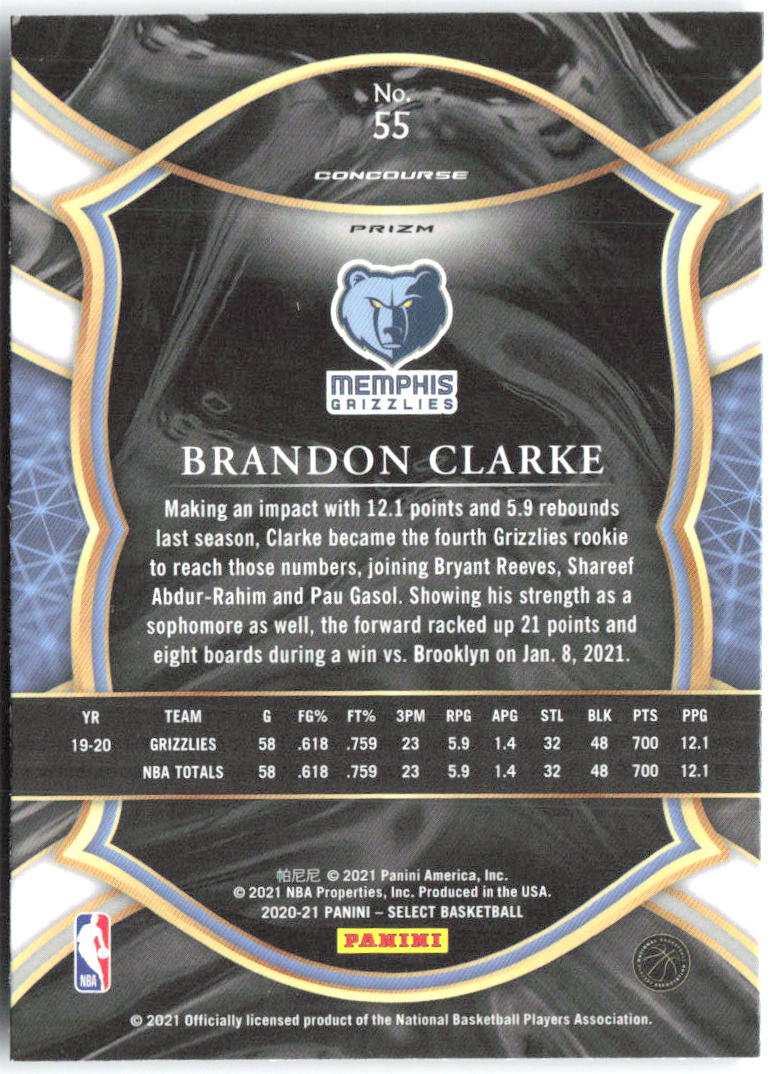 Brandon Clarke Panini Select - Blue Prizms 55 2020-21 Memphis Grizzlies