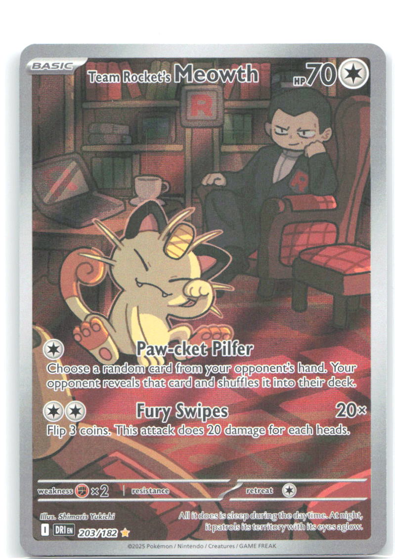 Team Rocket's Meowth Holo Illustration Rare SV10: Destined Rivals 203/182 NM Shimaris Yukichi