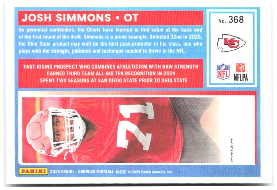 Josh Simmons Donruss - Optic Rated Rookies Holo 368 2025 Kansas City Chiefs