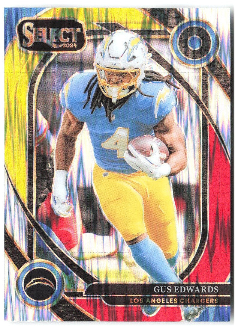 Gus Edwards Panini Select Red & Yellow Prizm Shock 258 2024 Los Angeles Chargers