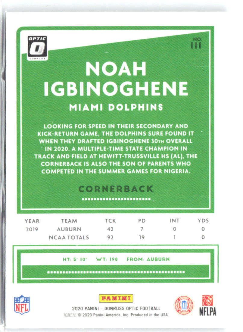 Noah Igbinoghene Donruss Optic 111 2020 Miami Dolphins RC