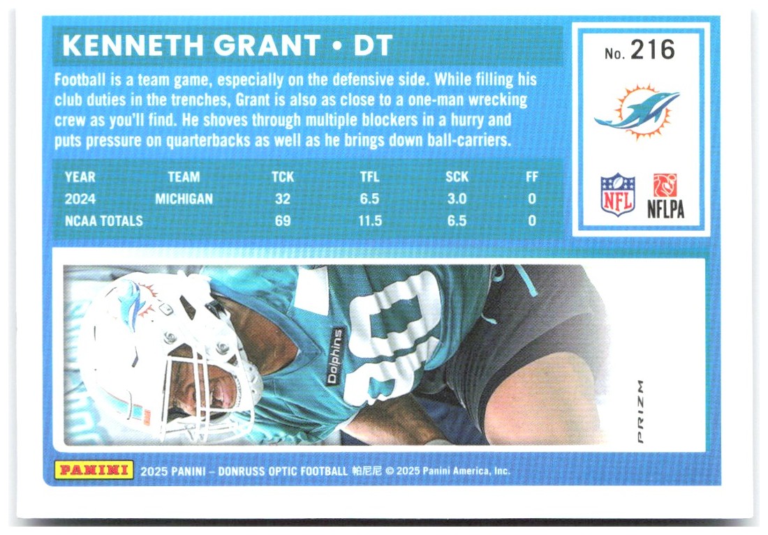 Kenneth Grant Donruss Optic - Purple Shock 216 2025 Miami Dolphins