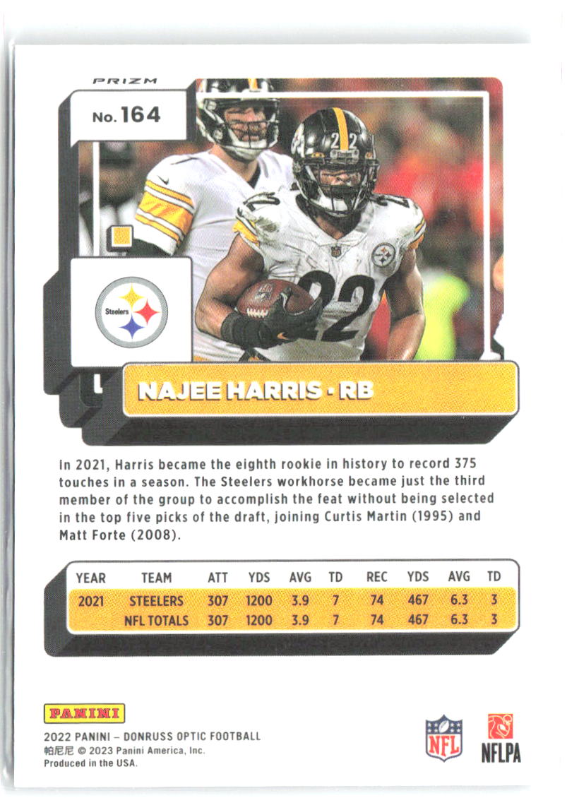 Najee Harris Donruss Optic - Holo 164 2022 Pittsburgh Steelers