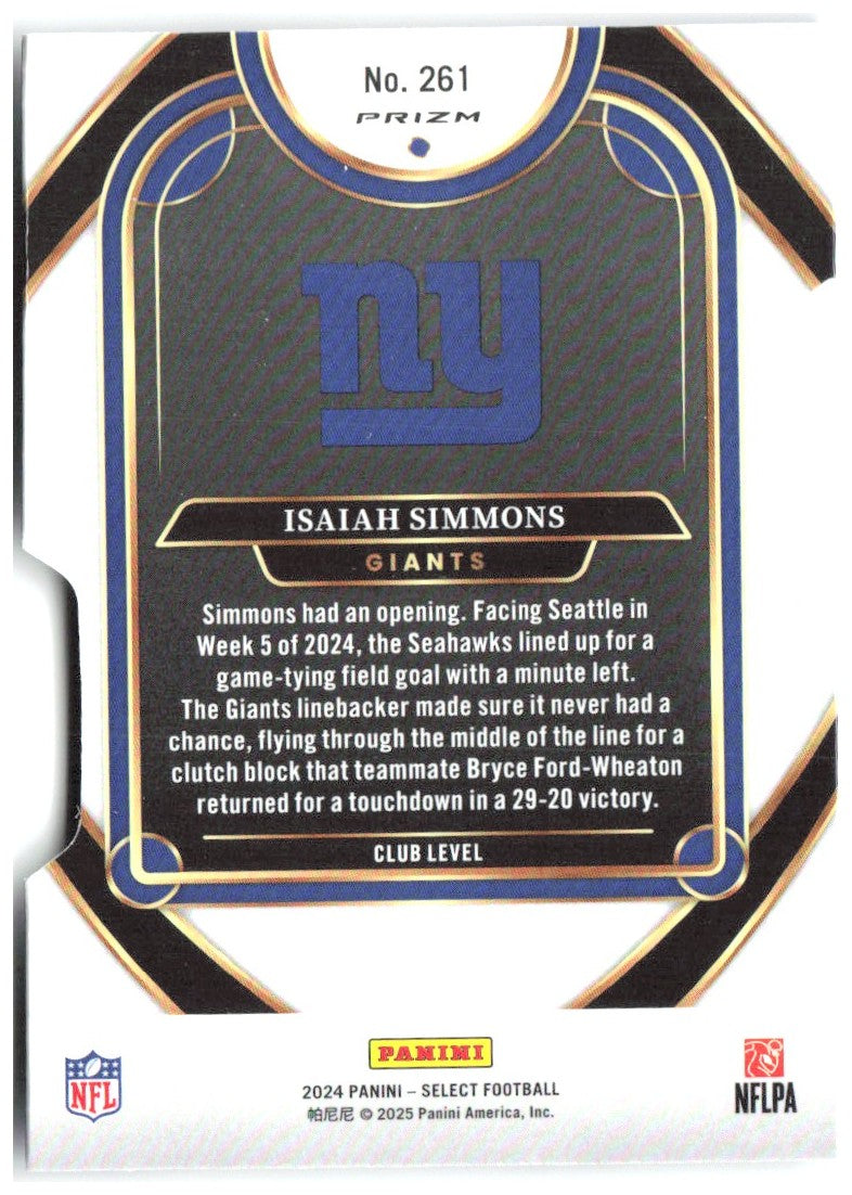 Isaiah Simmons Panini Select - Silver Prizm Die Cut 261 2024 New York Giants