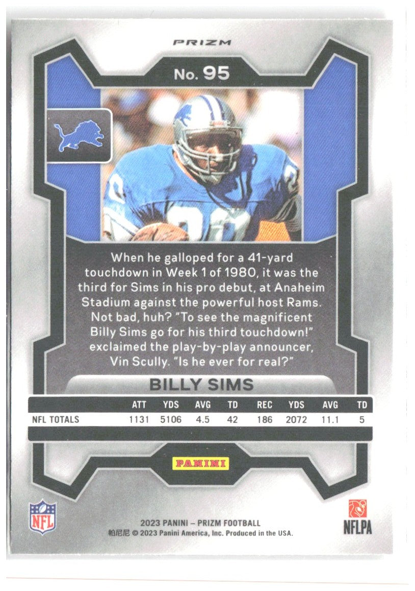Billy Sims Panini Prizm - Lazer 95 2023 Detroit Lions