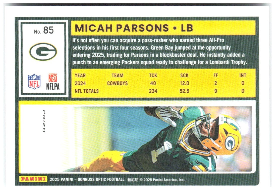Micah Parsons Donruss Optic - Holo 85 2025 Green Bay Packers