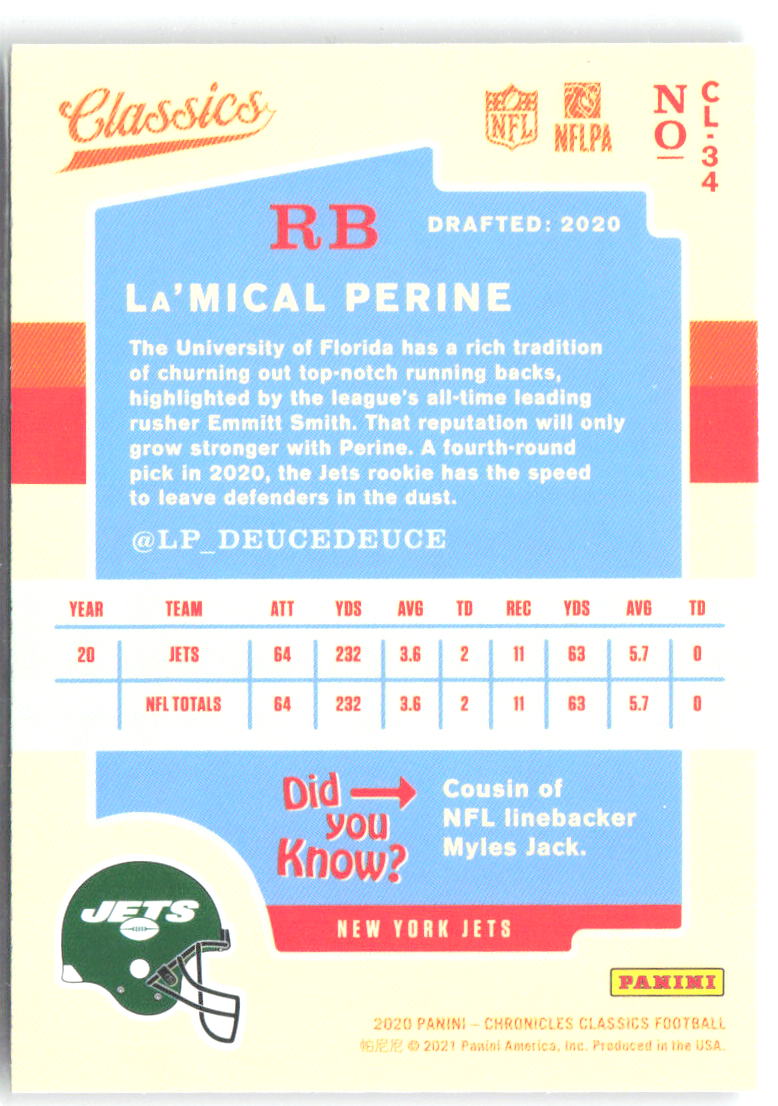 La'Mical Perine Panini Chronicles - Classics CL-34 2020 New York Jets