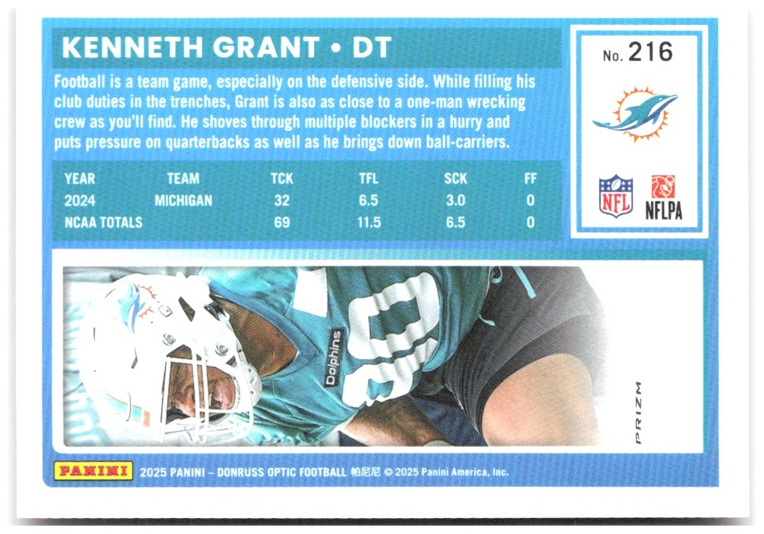 Kenneth Grant Donruss Optic - Pink 216 2025 Miami Dolphins