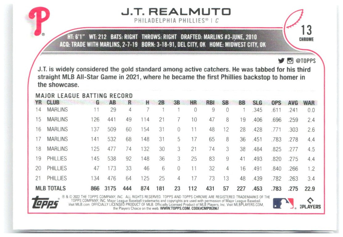 J.T. Realmuto Topps Chrome - X-Fractor 13 2022 Philadelphia Phillies